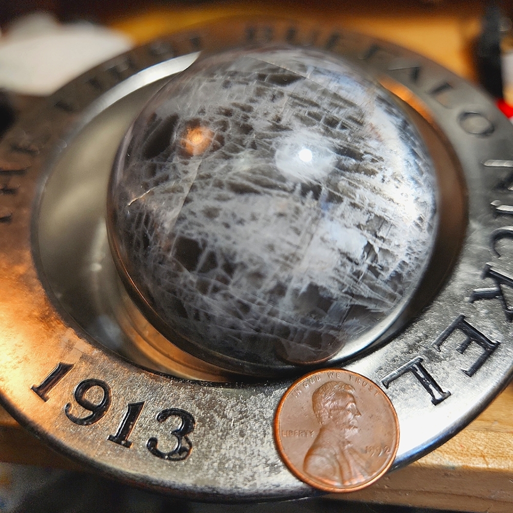 Fabulous, 62mm/2.54" iridescent, glowing, natural Black Moonstone sphere.
